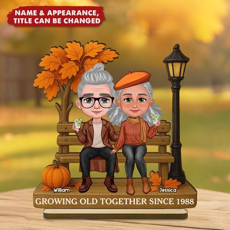 3D Effect Fall Season Couple Sitting On The Bench - Personalized 2-Layer Standing Wooden Plaque